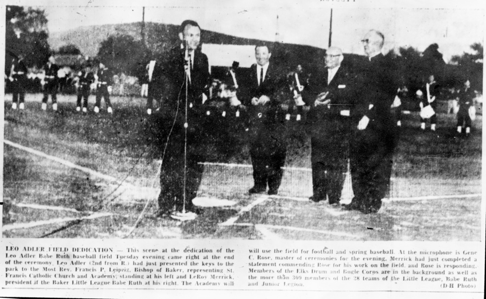 Dedication of Alder Field, June 1966. From left: Gene Rose, LeRoy Merrick, Leo Adler, and Bishop Leipzig.