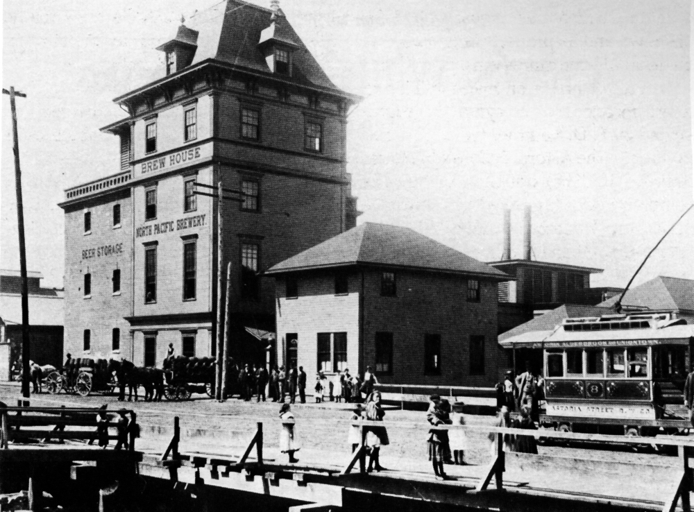 Astoria Street Railway No 8, on what is now Marine Dr. in front of Northern Pacific Brewery, late 1890s.