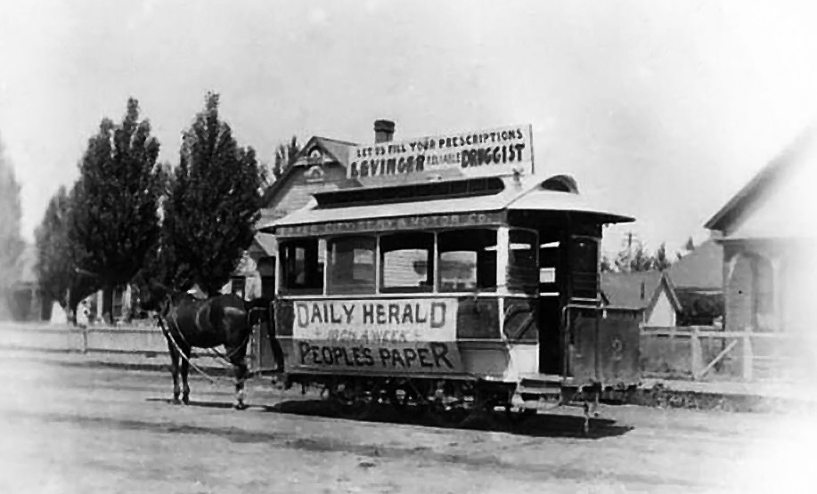 Street Railway and Motor Company horse-car No. 2 in a residential neighborhood, likely near the southern terminus at Front St. and Auburn Ave.