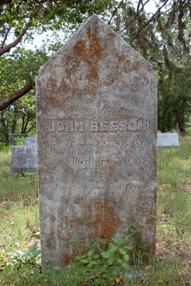 Grave marker of John Beeson (shown) and Ann Beeson (reverse) in Stearns Cemetery, Talent. 
