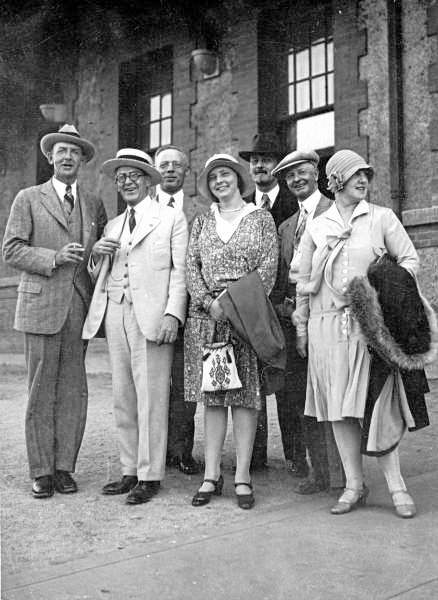 Prominent Oregon architects outside Portland's Union Station. Left to right: Morris Whitehouse, John V. Bennes, John Erik Wicks, Margaret Fritsch, Joseph Jacobberger, Frank C. Clark and his wife.