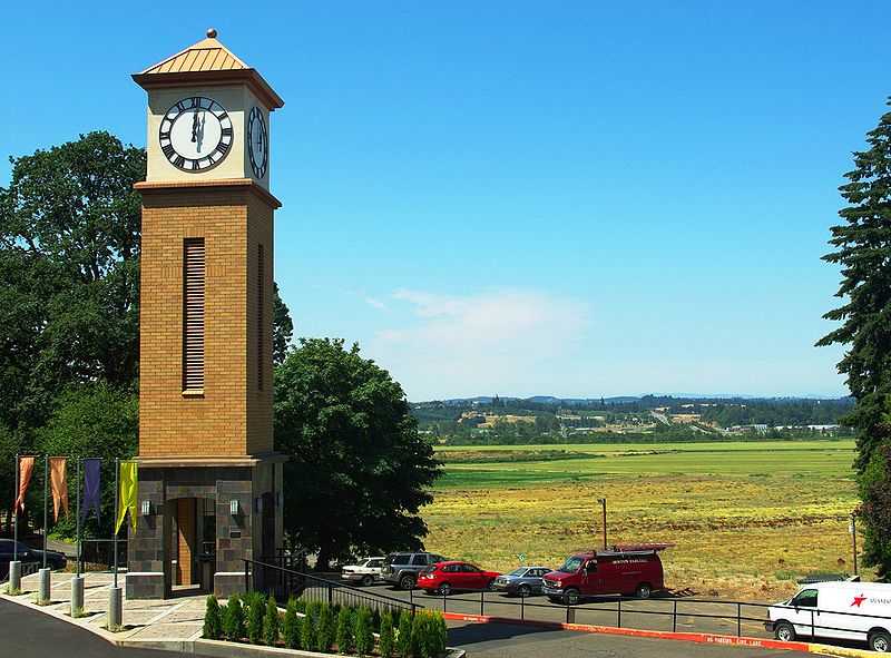Corban College clock tower with view of the Willamette Valley, Aug. 2009