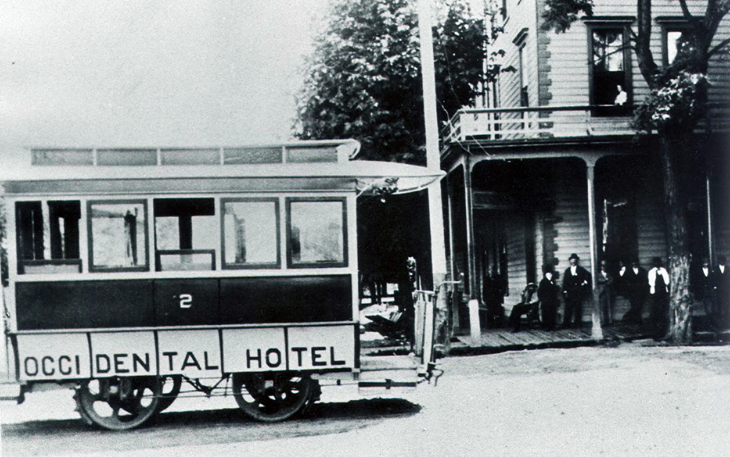 Corvallis Street Railway car 2 in front of Occidental Hotel, 2nd and Madison, 1890s.