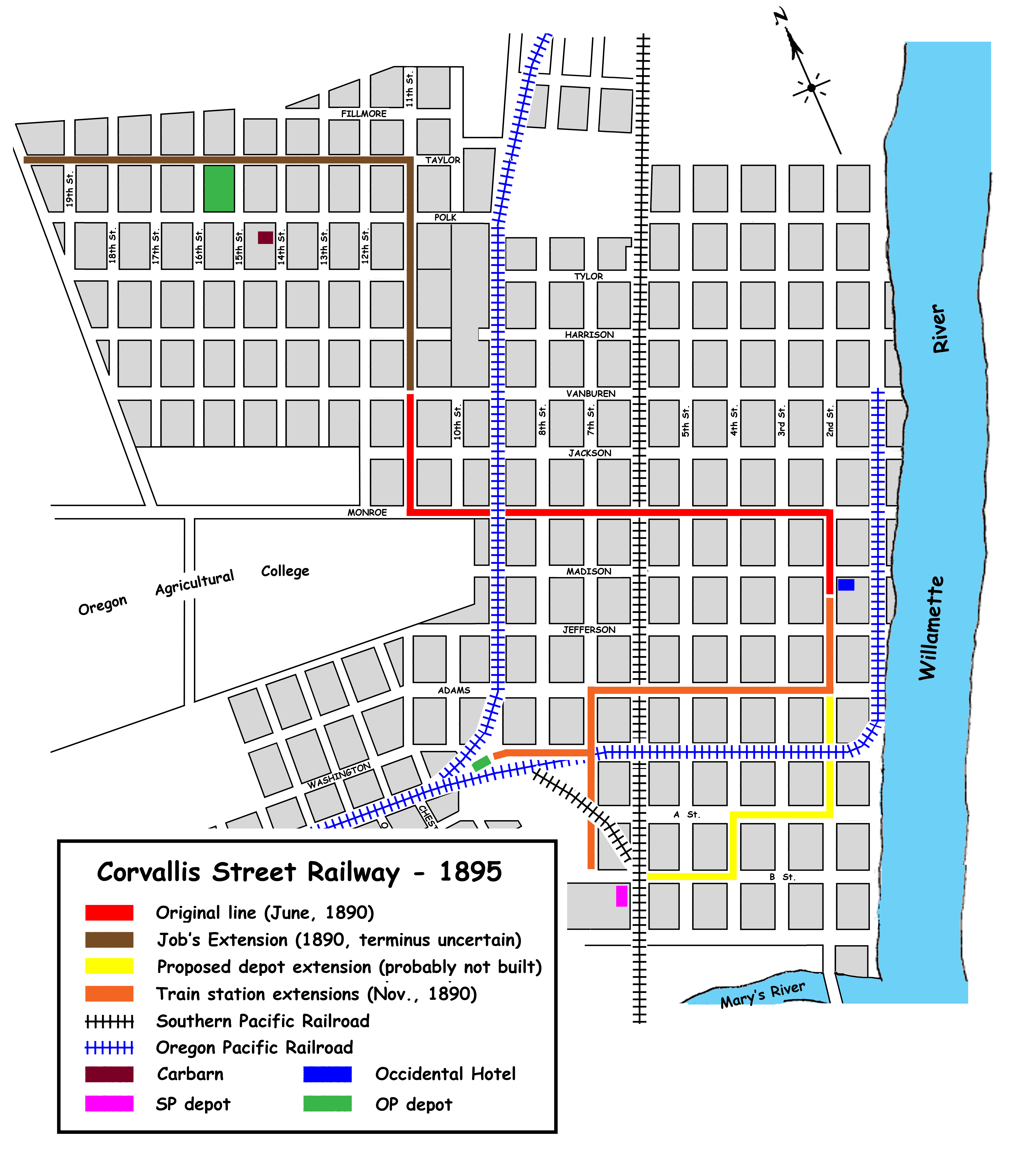 Corvallis Street Railway and Southern Pacific and Oregon Pacific railroad lines, 1895.