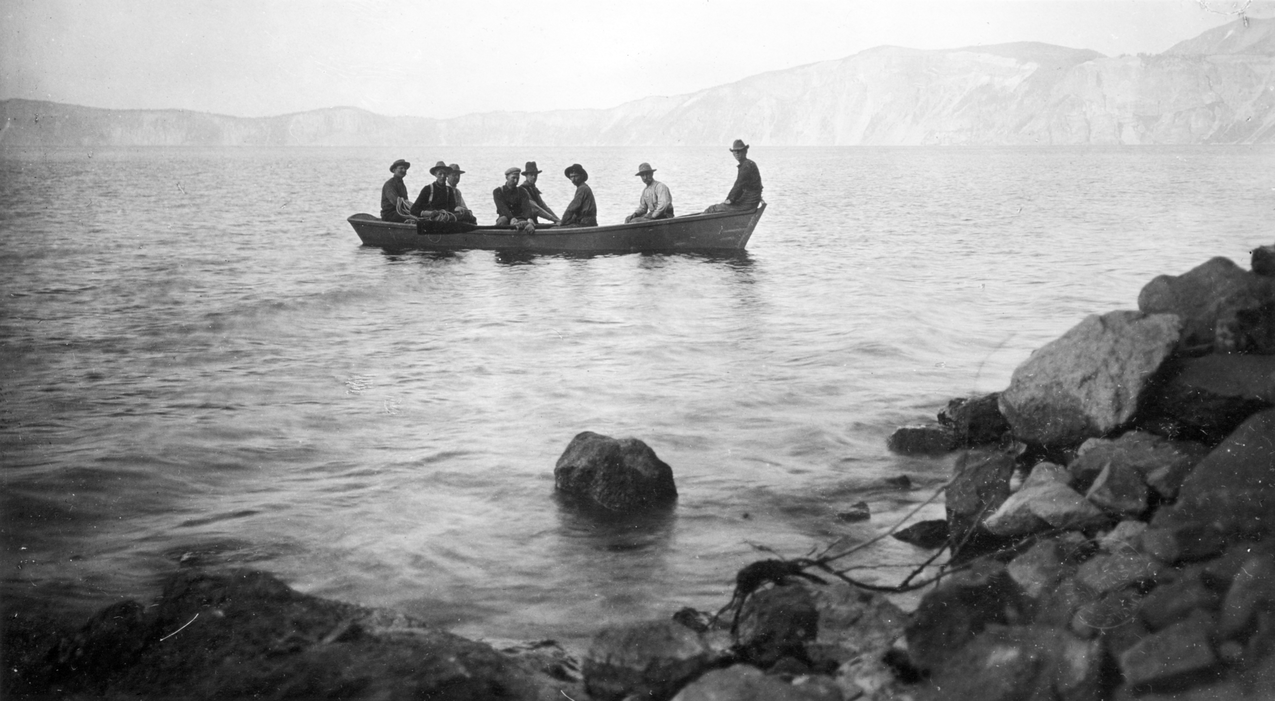 William Steel's party in boat on Crater Lake, 1903.