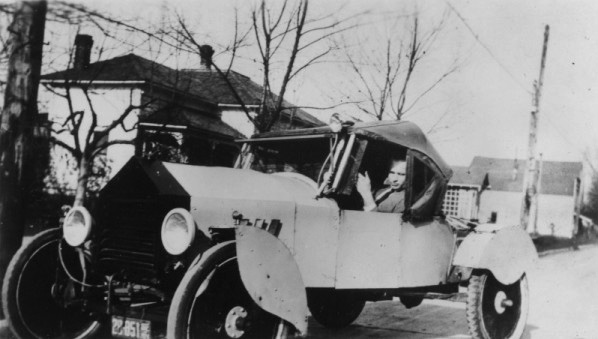 M. Lowell Edwards in home-built Model T Ford, 1920.