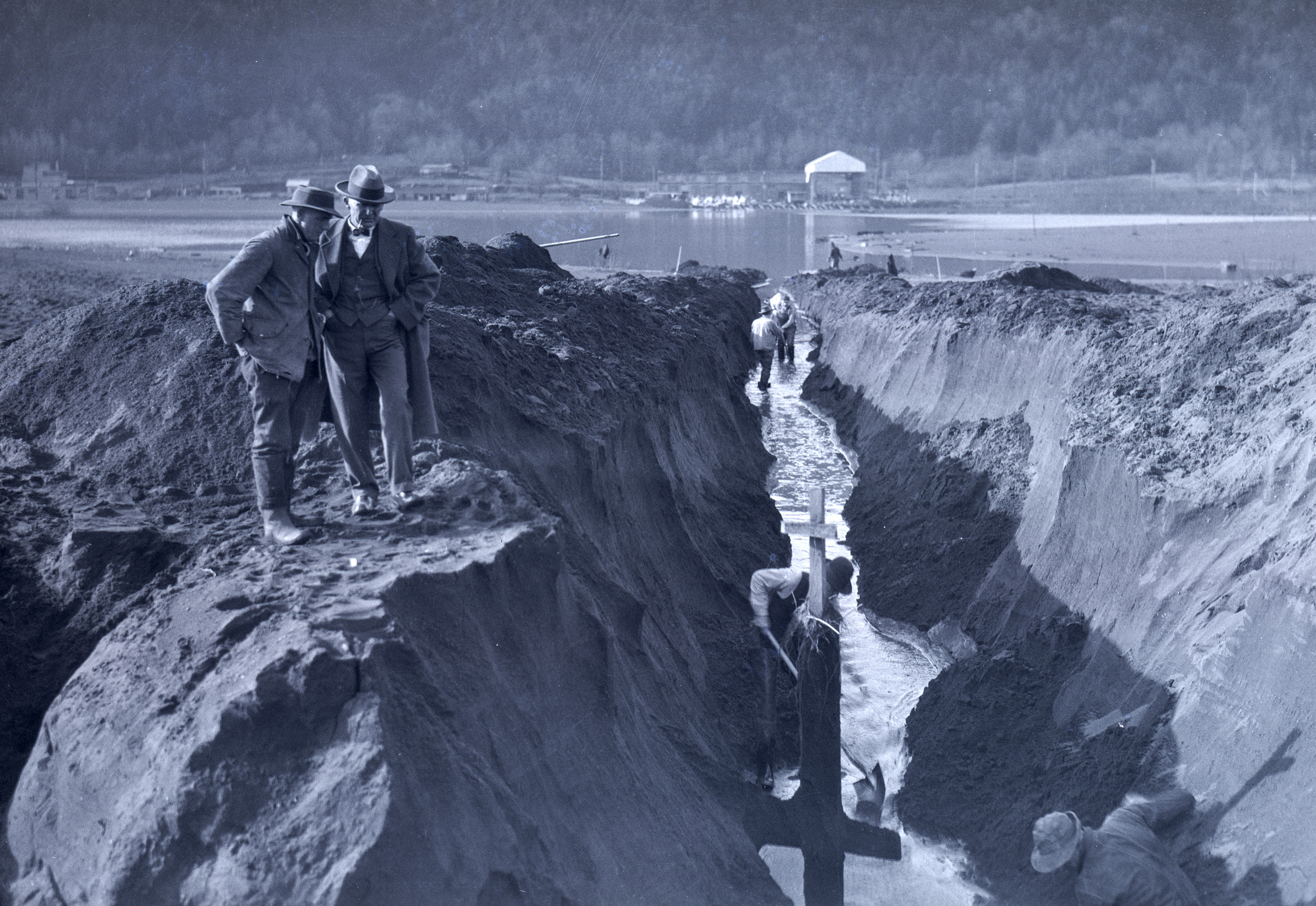 View west into ditch being dug to drain Guild's Lake, Feb. 1926.
