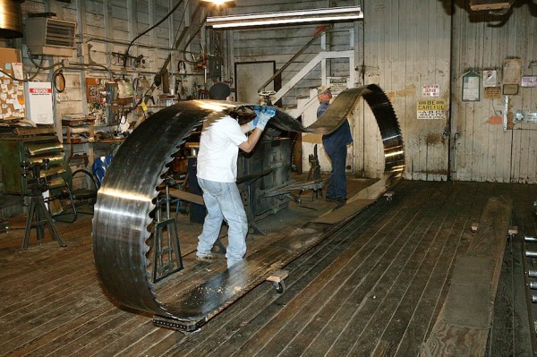 Sharpening bandsaw blade, Hull-Oakes Lumber Mill, Feb. 2011.