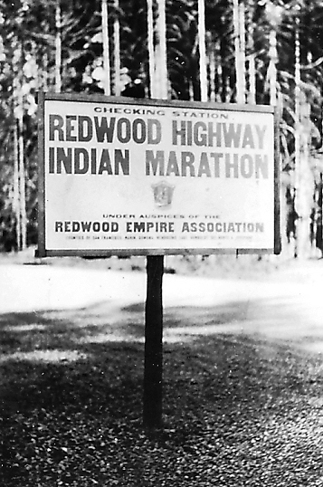 Indian Redwood Marathon check point sign, 1927 or 1928.