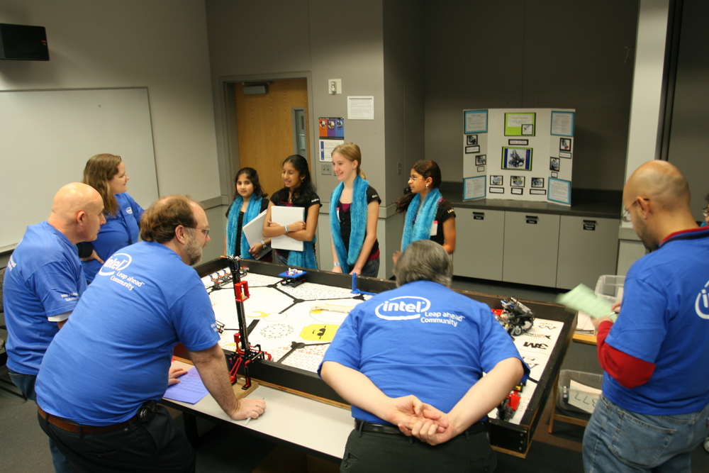 Intel Oregon employees volunteering at an Intel LEGO Robotics State Tournament at Liberty High School in Hillsboro, 2007.