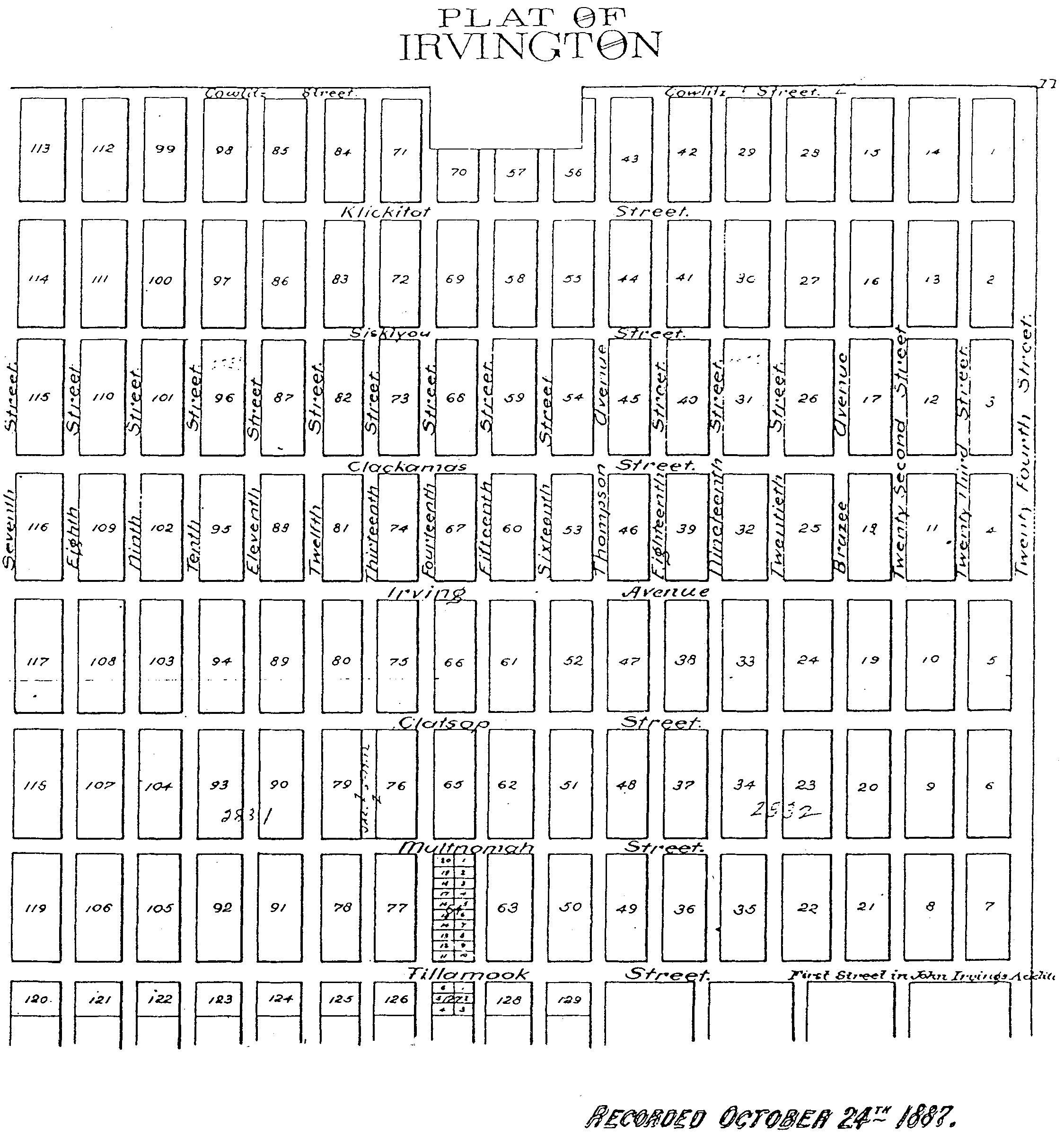 Irvington plat map, recorded Oct. 24, 1887.