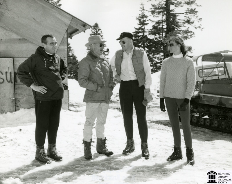 Glenn Jackson (second from left) and others at Mt. Ashland ski shack, about 1965.