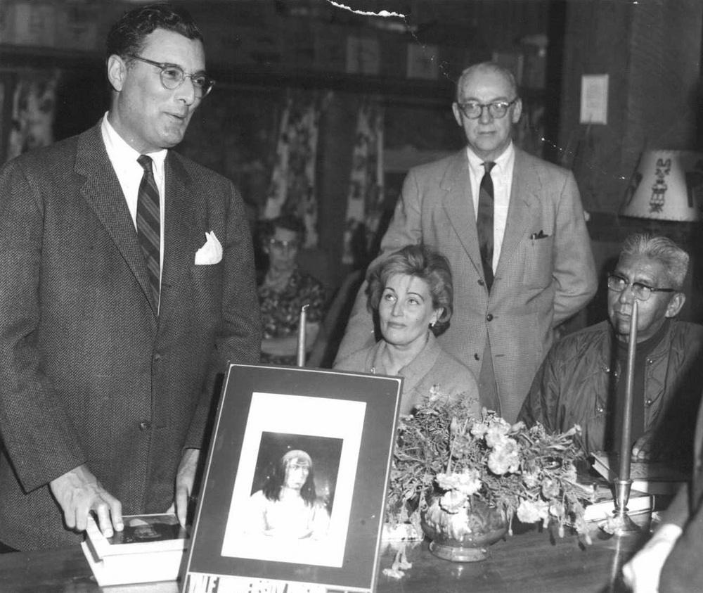 Alvin Josephy (left) at release of his book The Nez Perce Indians and the Opening of the Northwest in 1965. To Josephy's left is his wife Betty, Chester Kerr of Yale University Press, and Nez Perce elder C. Humphreys.