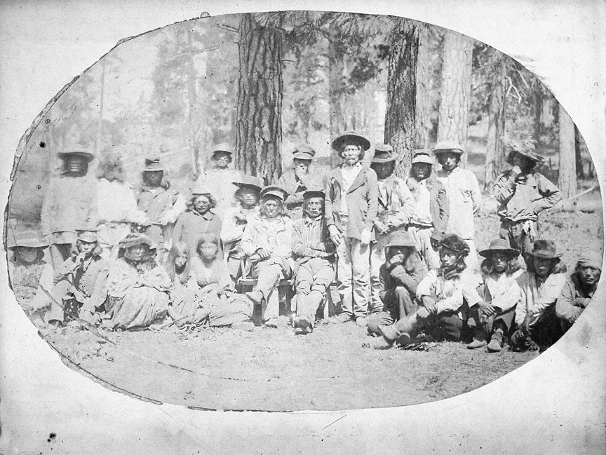 U.S. Army Lt. Lorenzo Lorain took this photograph of a group of Klamath and Modoc Indians in the summer or fall of 1860.
