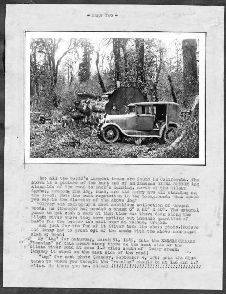 Oliver Matthews scrapbook page showing vehicle next to Sitka Spruce log, 1931.