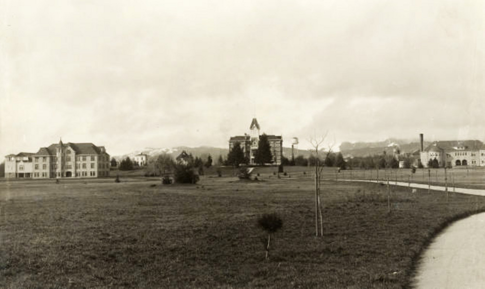 OAC lower campus, showing (l to r) Education Hall, Benton Hall and Apperson Hall, about 1905.
