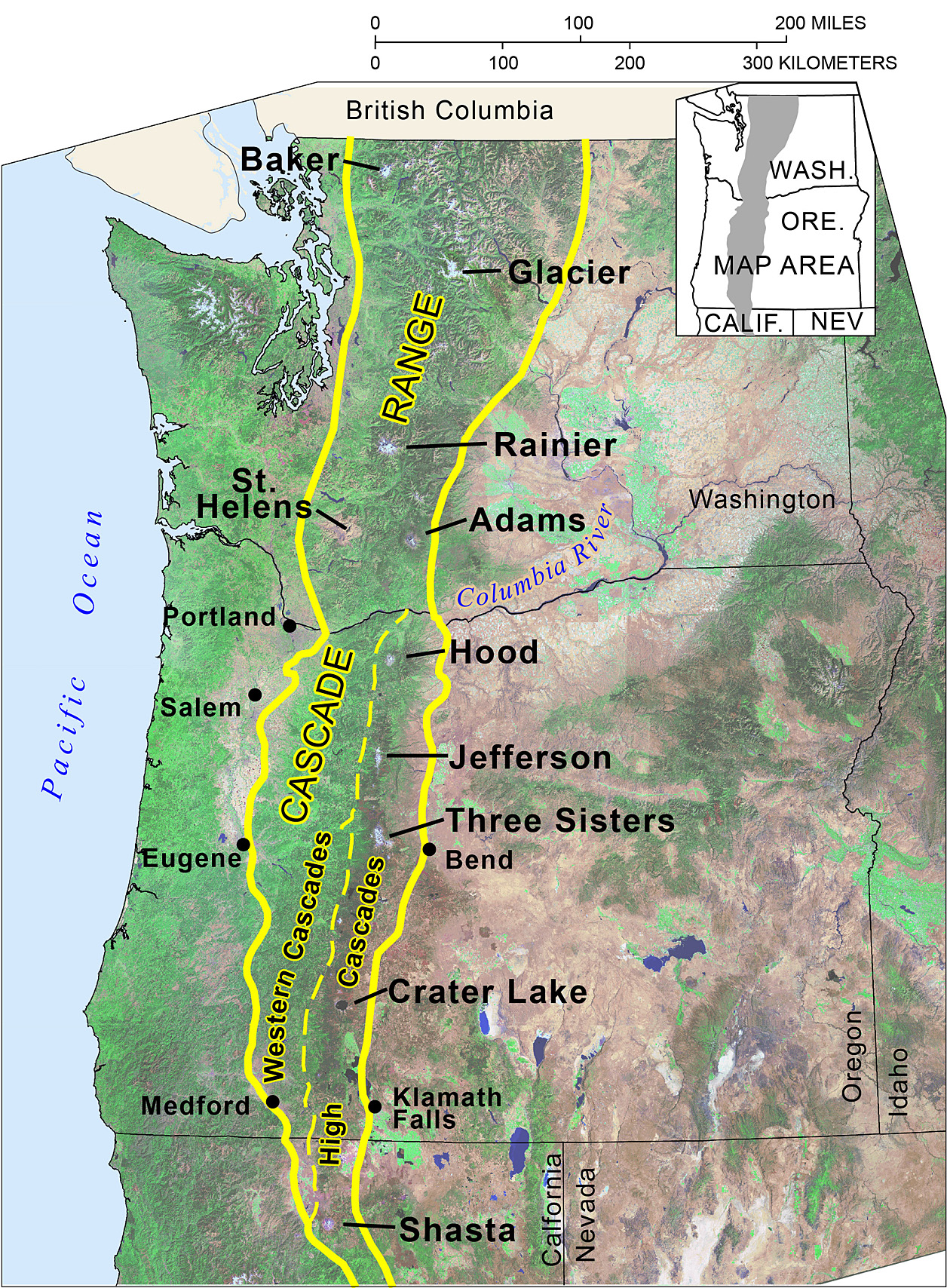Cascade Range in conterminous United States. Oregon segment customarily divided into the Western Cascades and High Cascades subprovinces. Labels near major volcanoes show, from north to south, Mount Baker, Glacier Peak, Mounts Rainier, St. Helens, and Adams (all in Washington); Mounts Hood and Jefferson, Three Sisters, and Crater Lake (Mount Mazama) (all in Oregon); and Mount Shasta (California). Image is clipped north of Lassen Peak in California (also a major Cascade Range volcano). Base map is composited Landsat image.
