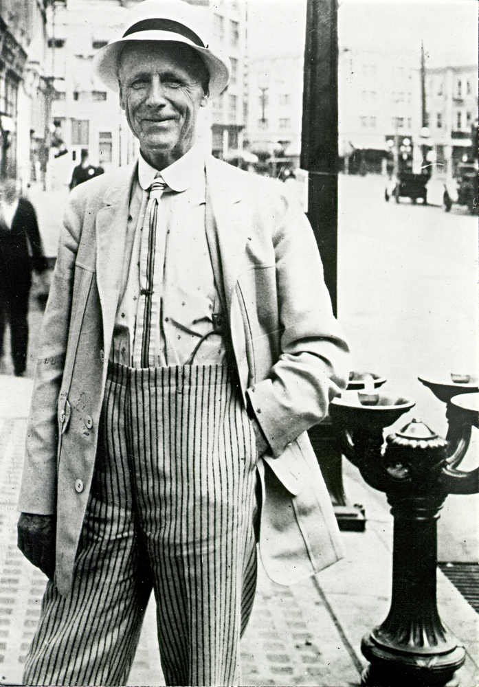Simon Benson in front of a one of fourteen "Benson Bubbler" he gave to the city of Portland.