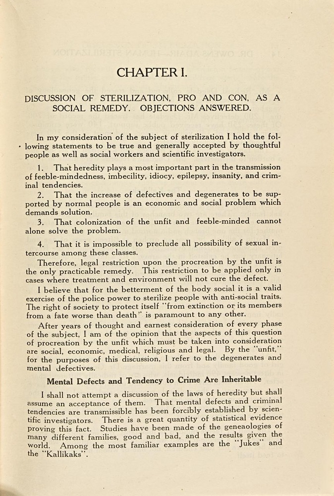 First page of Chapter 1 of Owens-Adair's 1922 book, "Human Sterilization."