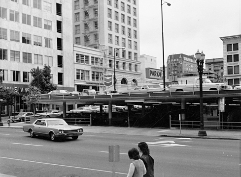 Parking lot on site of former Portland Hotel, June 1973, now site of Pioneer Courthouse Square.