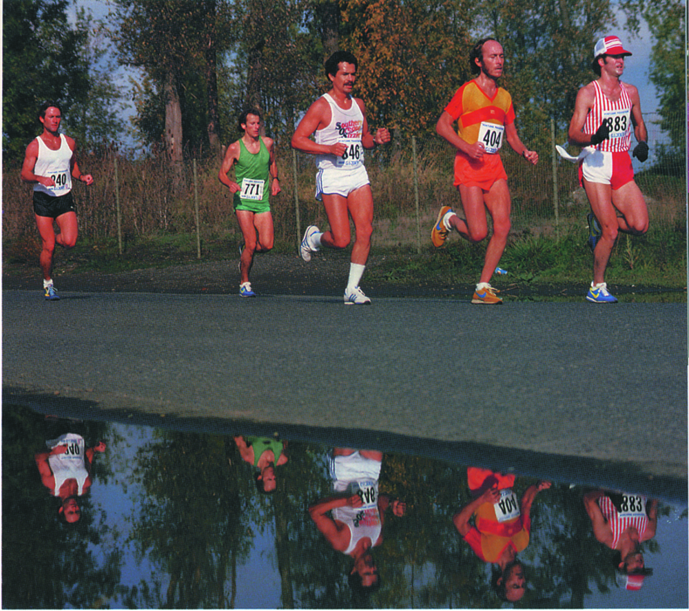 Marathoners along University of Portland leg of the course, 1977 or 1978.