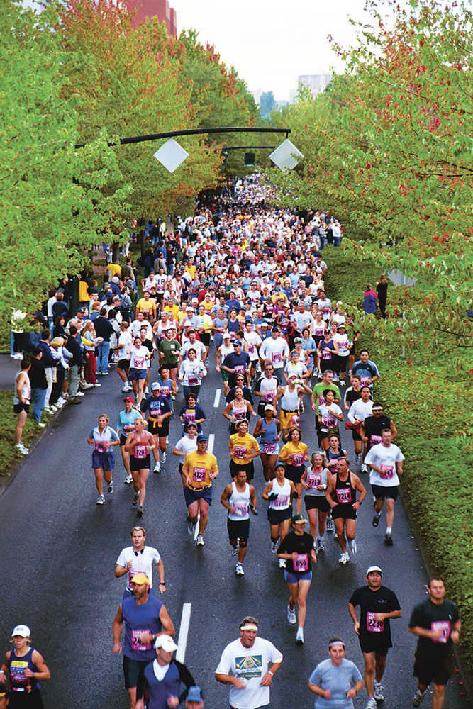 Portland Marathon runners on Naito Parkway.