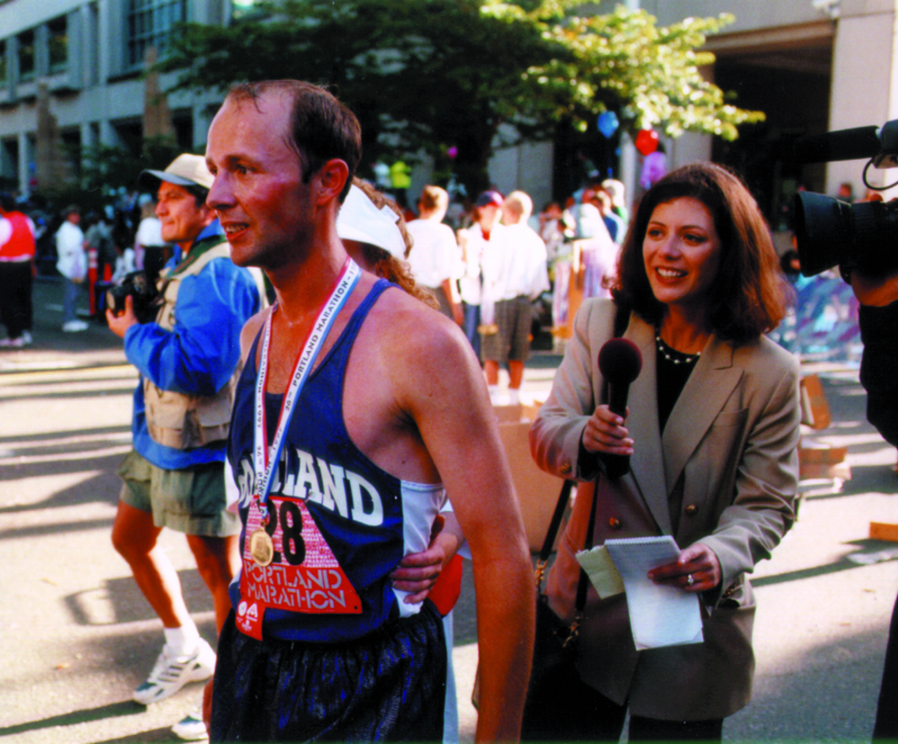 Uli Steidl at the marathon finish in 1997. His course record time of 2:17:21 still stands as of 2008.