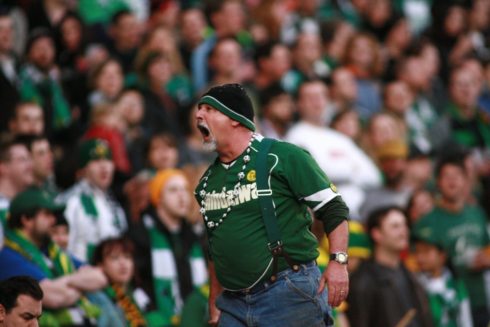 Long-time Timbers icon “Timber" Jim Serrill fires up Portland crowd April 17, 2008. 