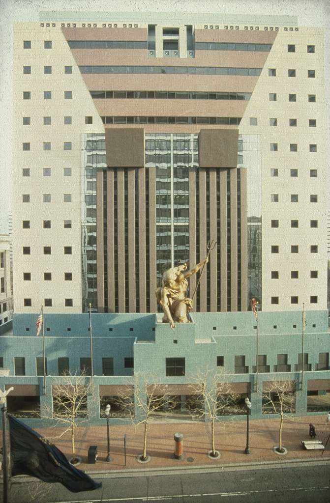 Portland building model, by Michael Graves; with Portlandia.