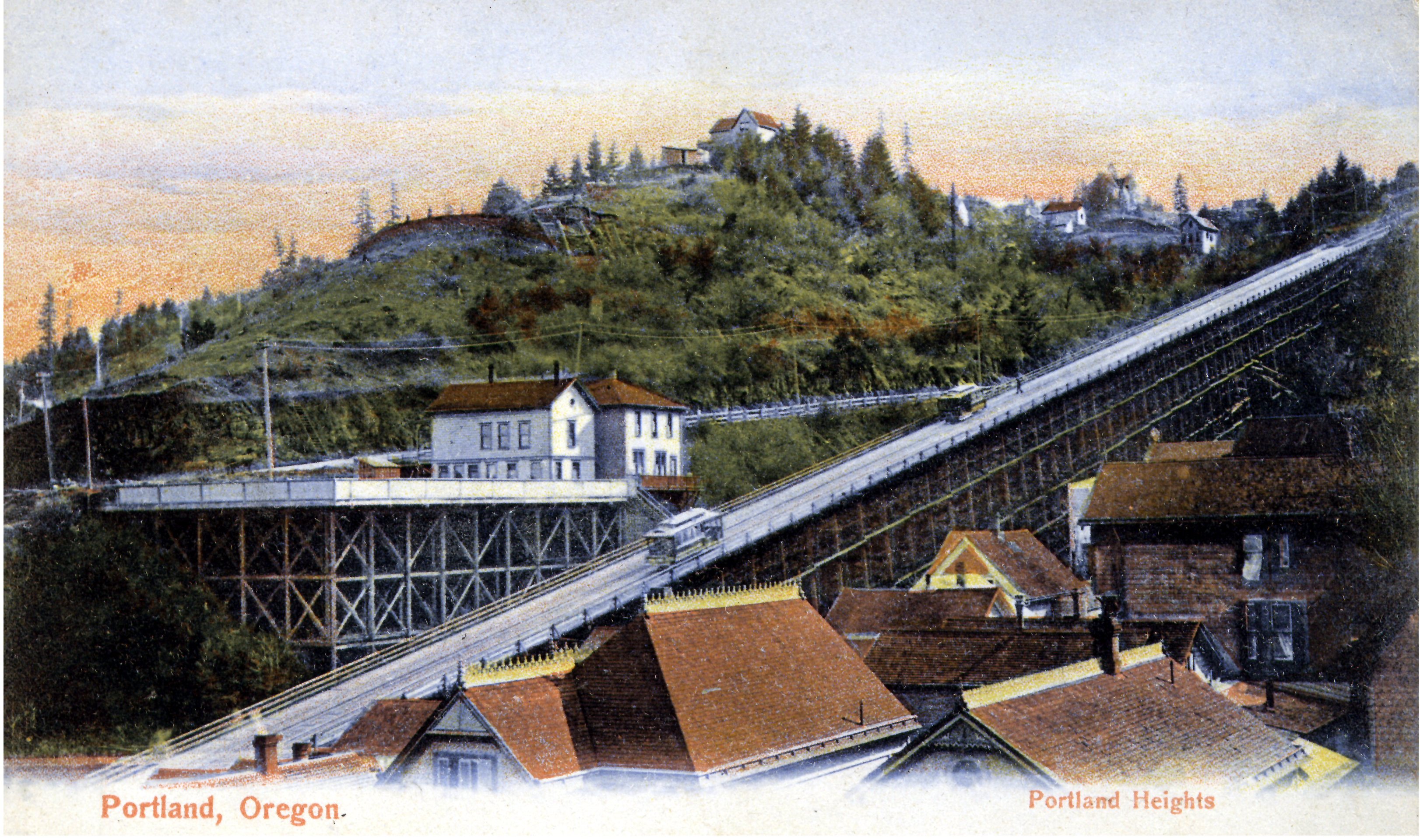 Cable car in Portland, 1890s, near present-day SW 18th Ave. and Jefferson St.; bridge was 1,040 feet long and 270 feet high.
