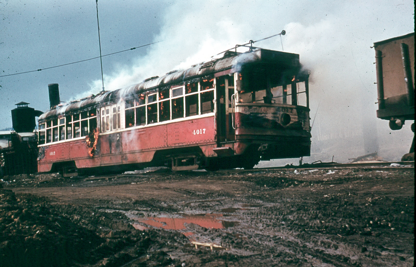 Portland Traction Co. car No. 4017 being burned for scrap, spring 1959.