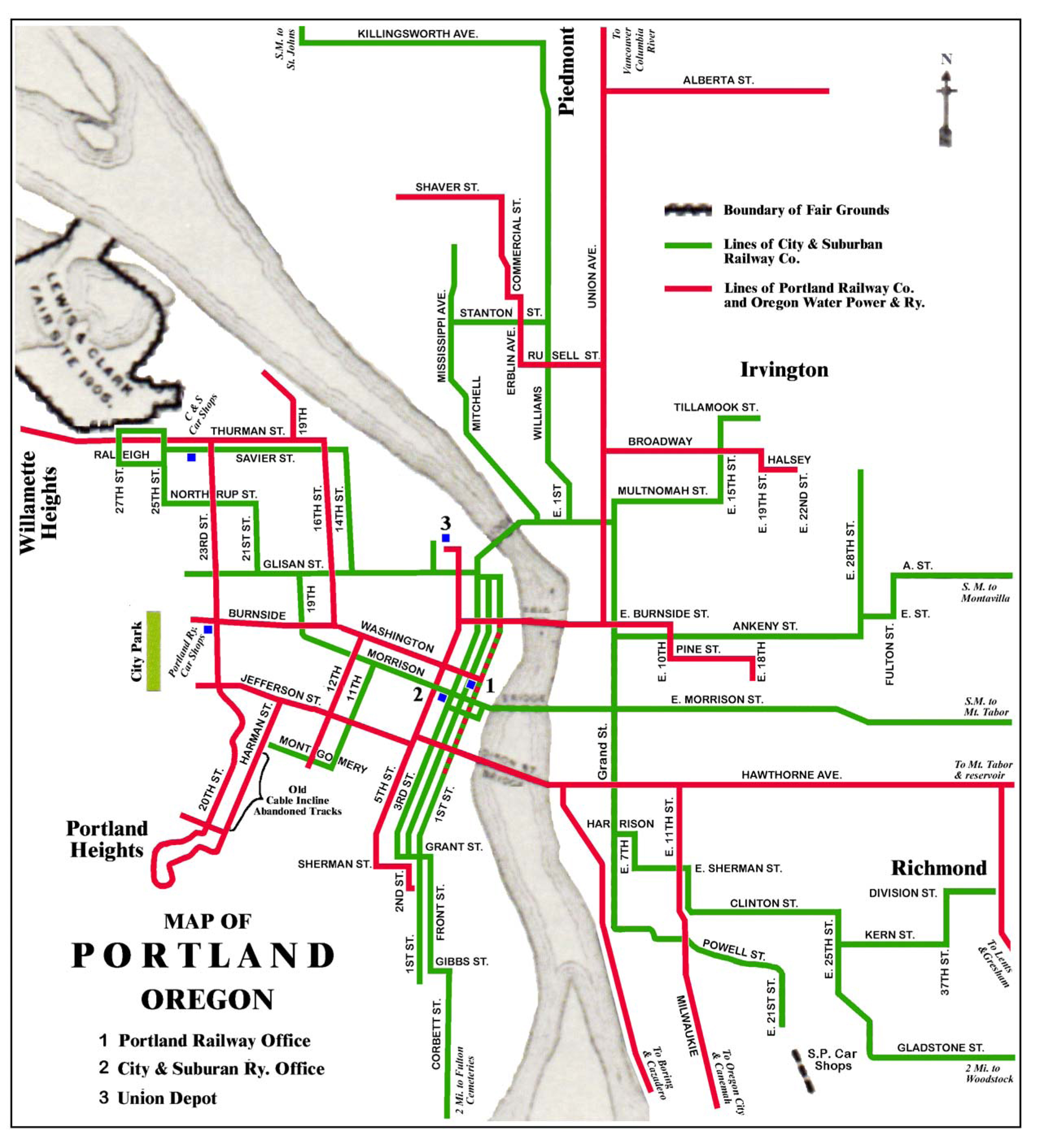 1904 map of Portland’s streetcar lines. 