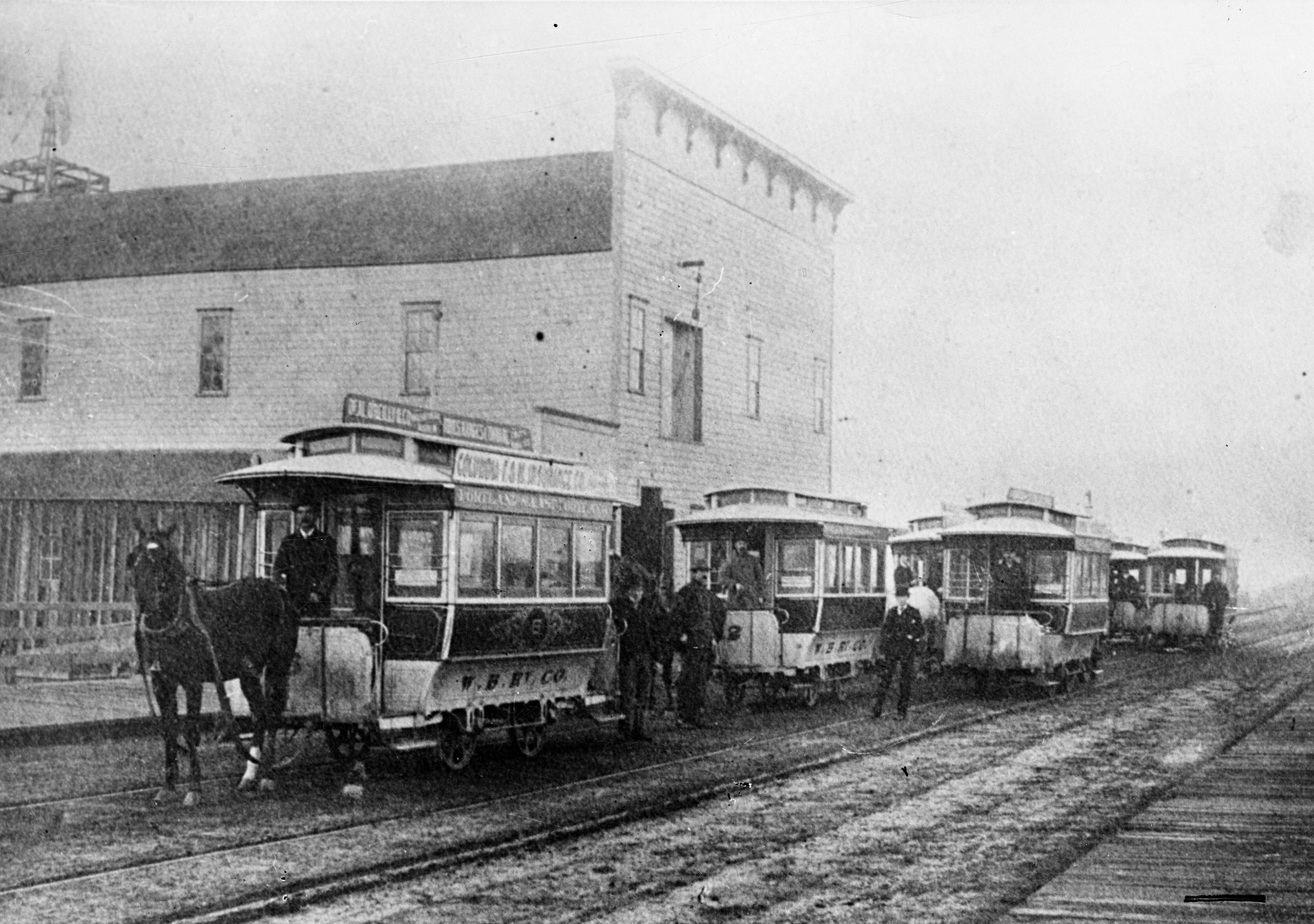 Horse-drawn streetcars in Portland, about 1888.
