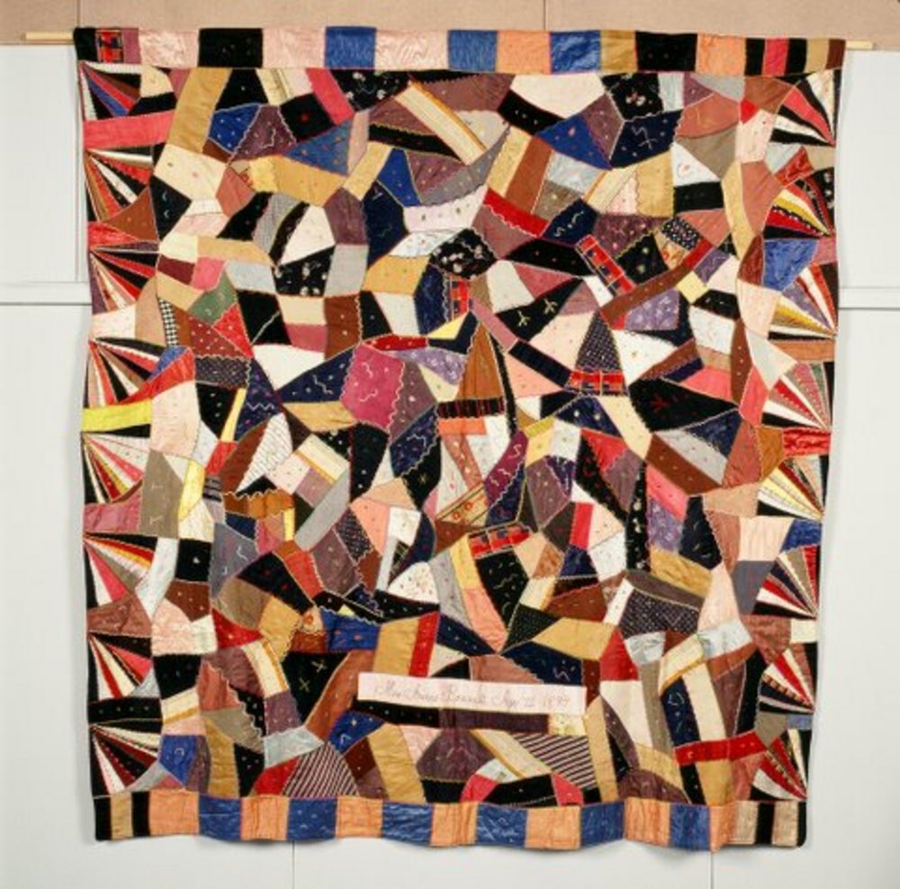 Crazy quilt made long after Oregon Trail experience.