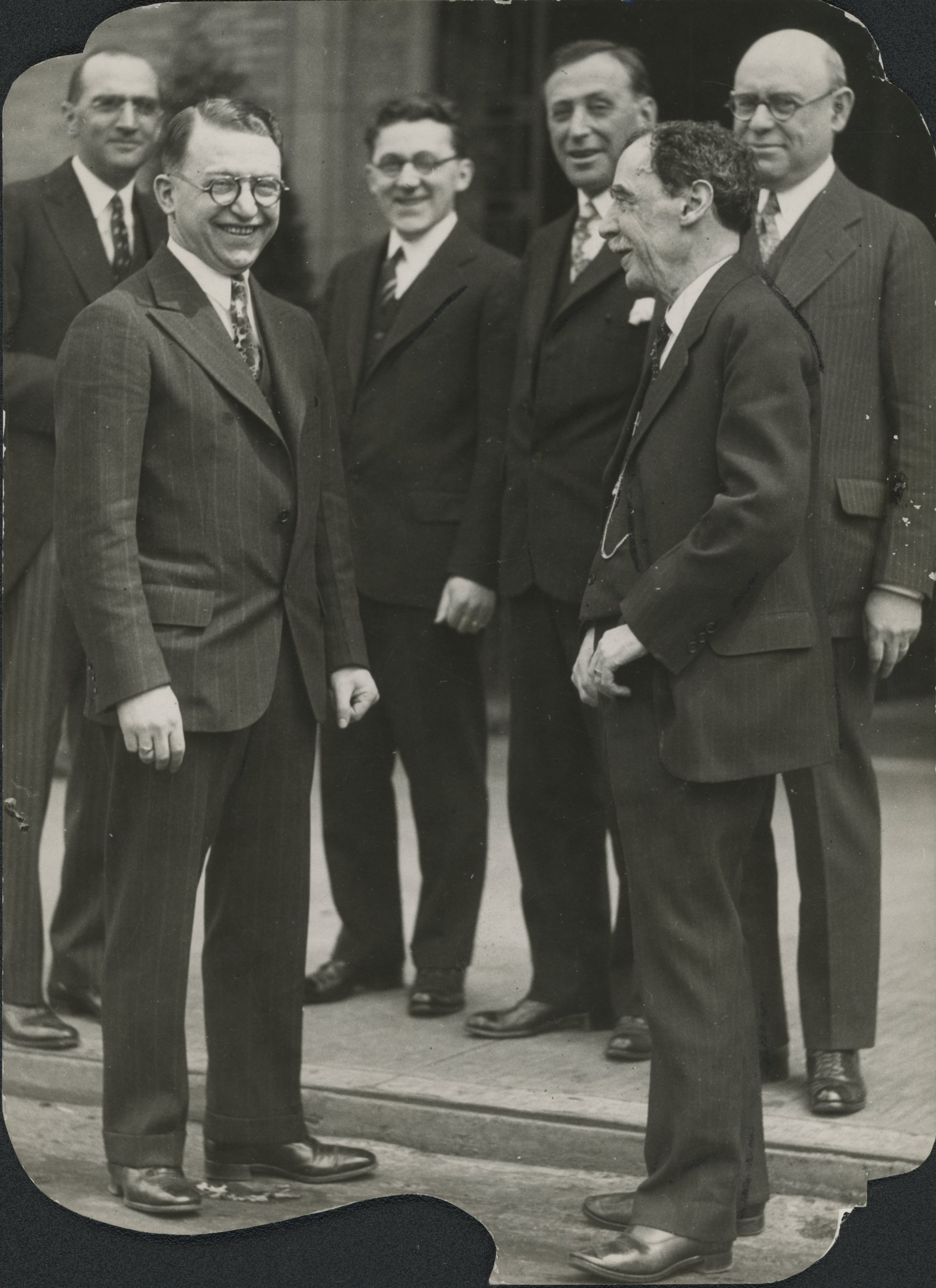 Rabbi Henry J. Berkowitz (center), Rabbi Herbert Parzen (far left), Dr. Jonah Wise (right center), Rabbi Samuel Koch (rar right), S.M. Tonkin (front left), and attorney David Solis-Cohen