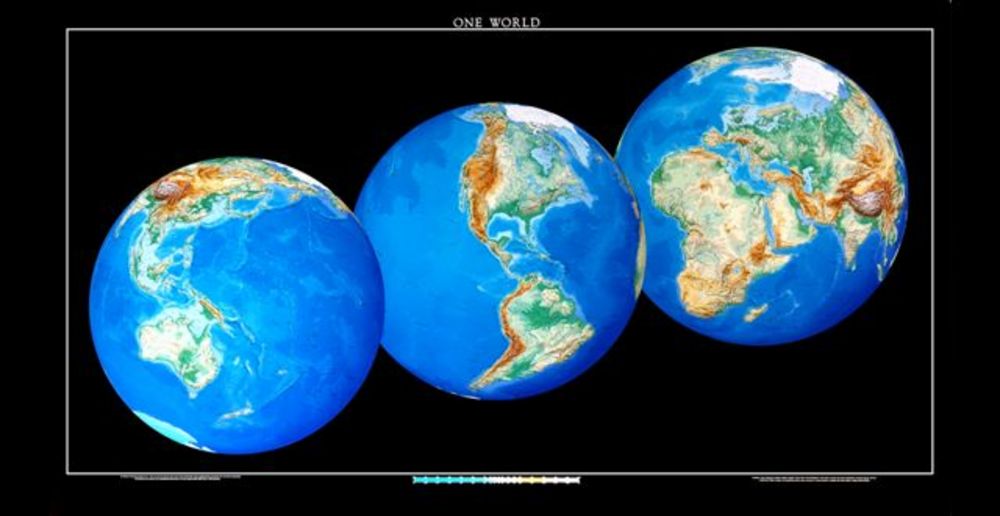 "One World" map by Raven Maps.