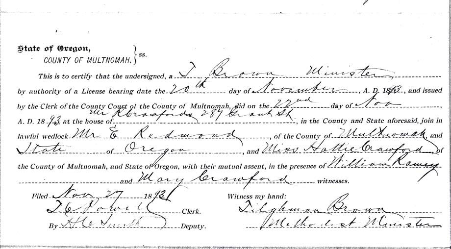 Hattie Redmond's marriage license, 1893