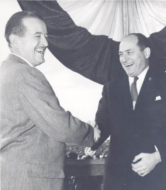 Gov. Holmes (OR) and Gov. Rosellini (WA), at locks opening, 1957