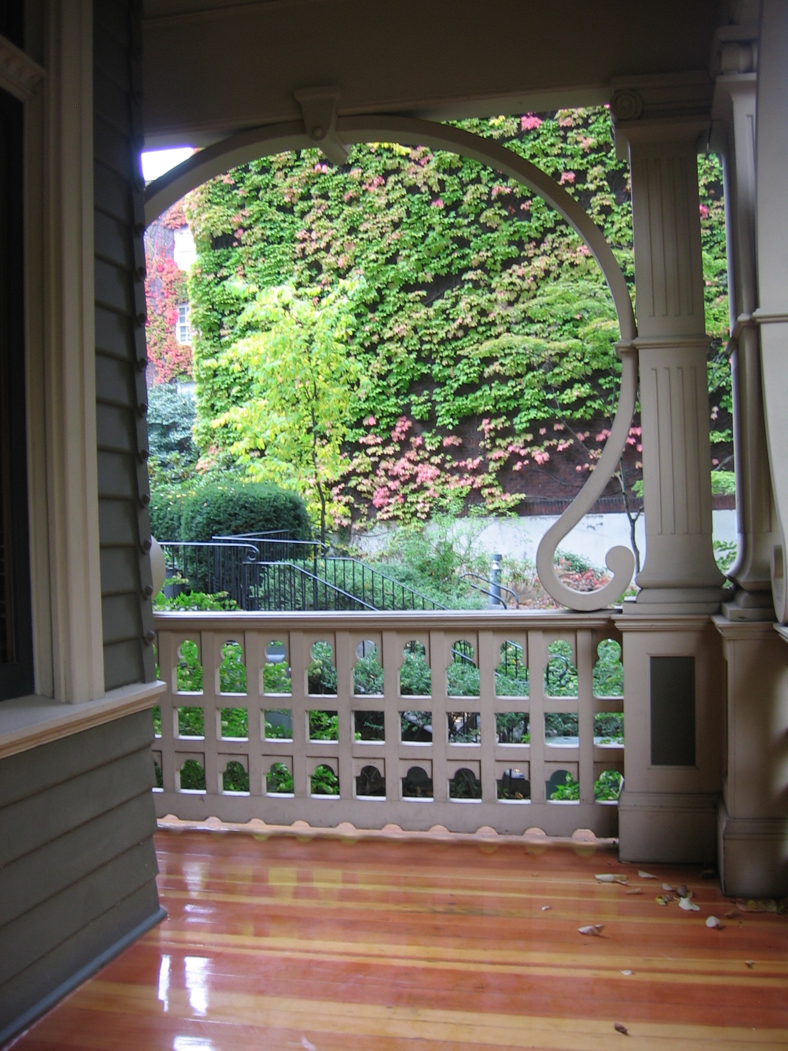 Simon Benson House porch looking west, Portland State University campus, Oct. 2011.