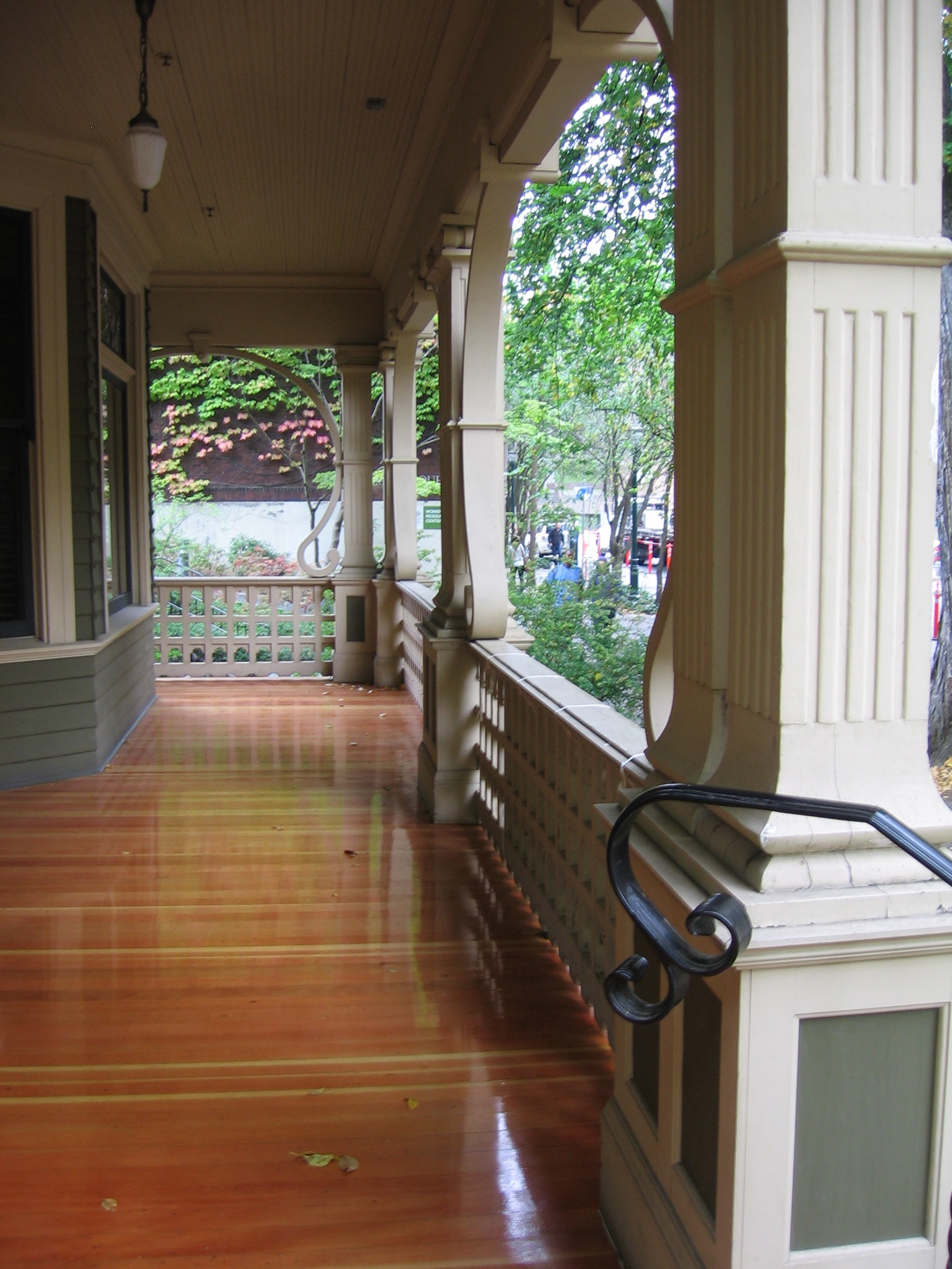 Simon Benson House porch looking west, Portland State University campus, Oct. 2011.