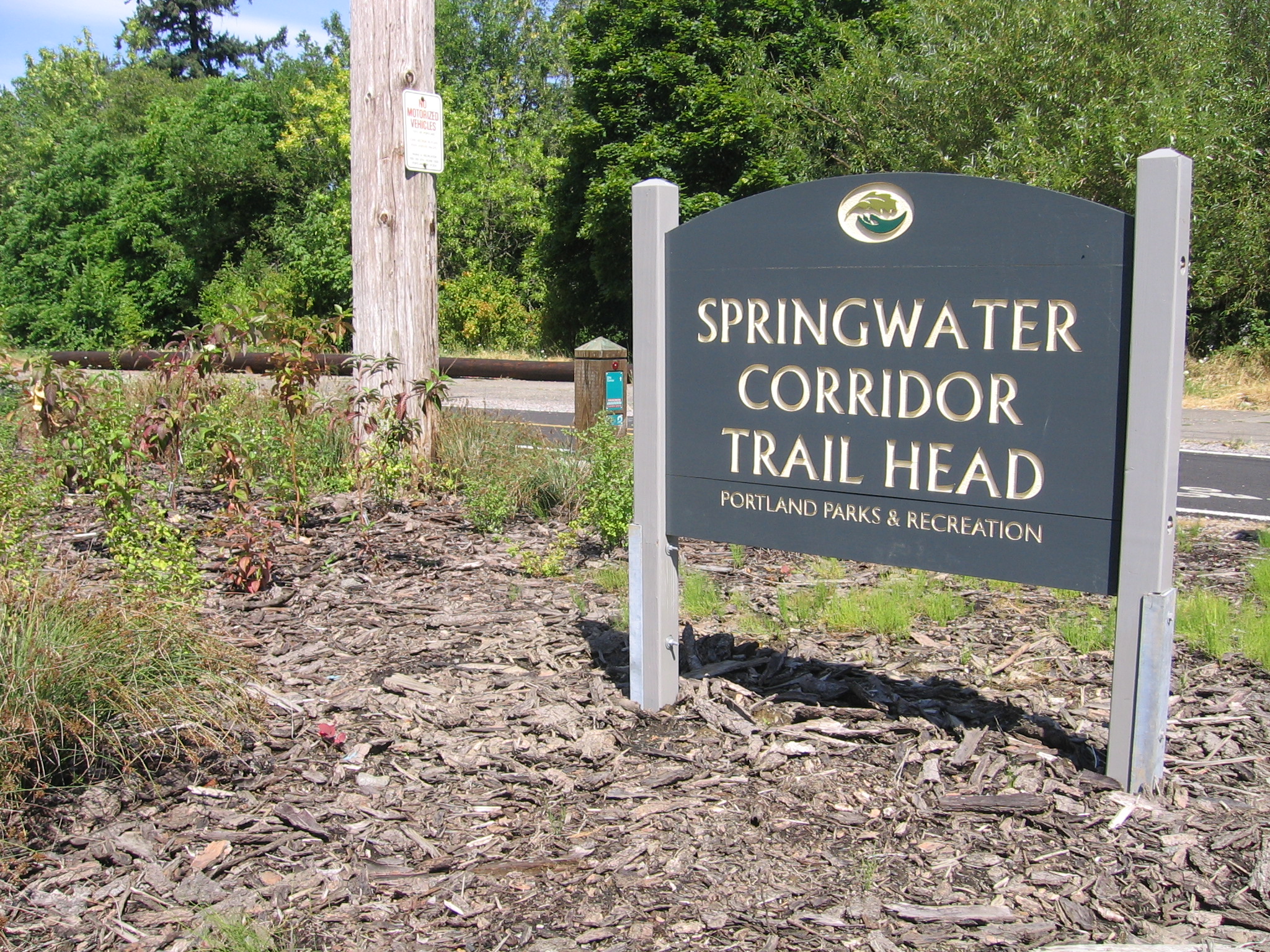Springwater Corridor Trail sign along SE Johnson Creek Blvd., Portland, Aug. 21, 2011.