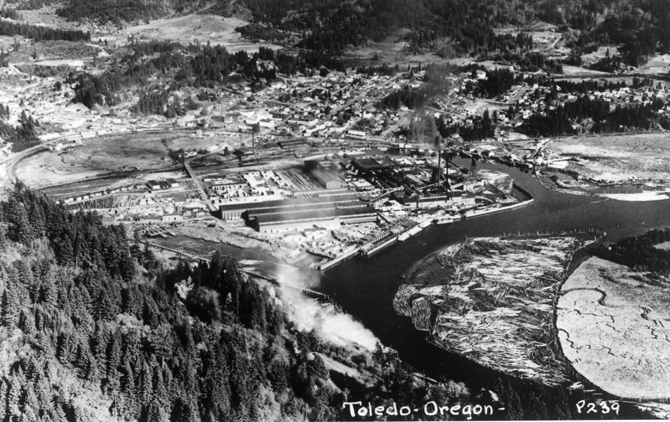 Yaquina River, city of Toledo, and C.D. Johnson mill (center), 1930s.