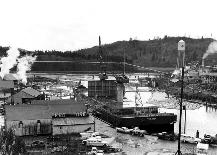 Toledo waterfront, Olsen barge along dock, 1957.