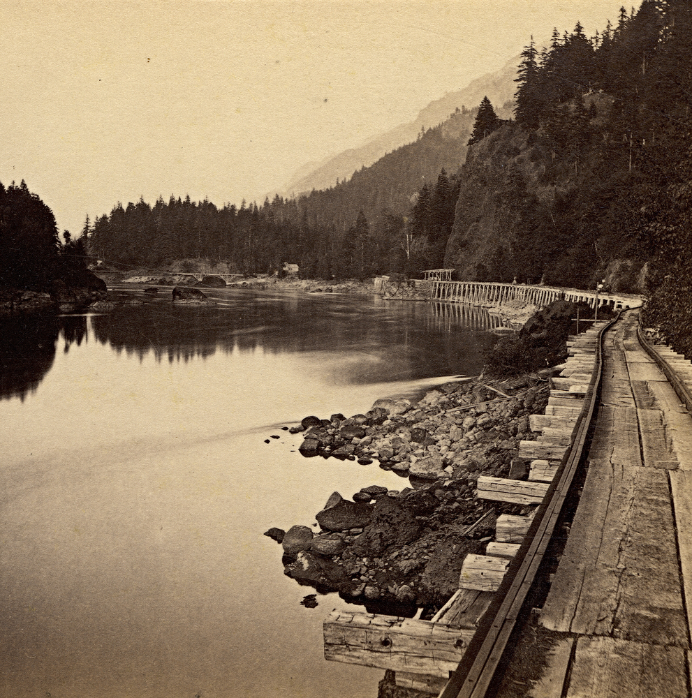 Tooth Bridge, west of Eagle Creek in the Columbia River Gorge, part of the Oregon Steam Navigation Co.'s Oregon Portage Railroad around Cascades of the Columbia, 1867.
