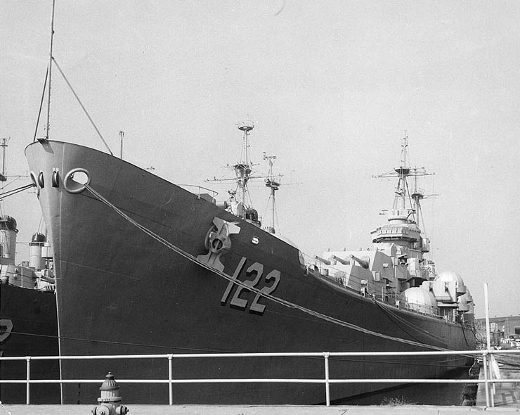 U.S.S. Oregon City (CA-122) laid up as part of the Atlantic Reserve Fleet, Philadelphia Naval Shipyard, 1959.