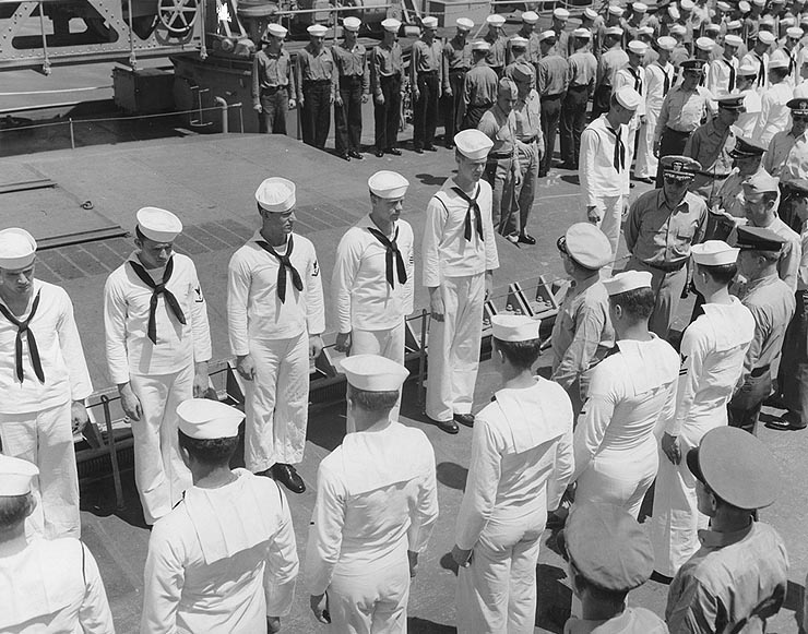 Captain and crew of the U.S.S. Oregon City (CA-122), 1946.