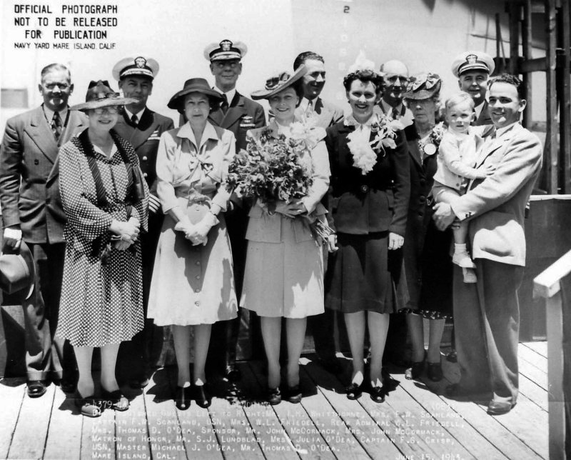 Mrs. Thomas D. O'Dea (with flowers) sponsored the future U.S.S. Sederstrom (DE-31) at its June 15, 1943, launch.