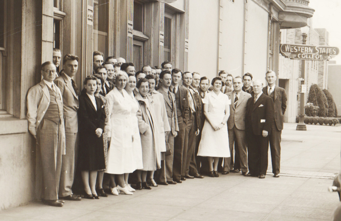 WSC faculty and staff at 11th and Clay Streets, Portland, in 1939.