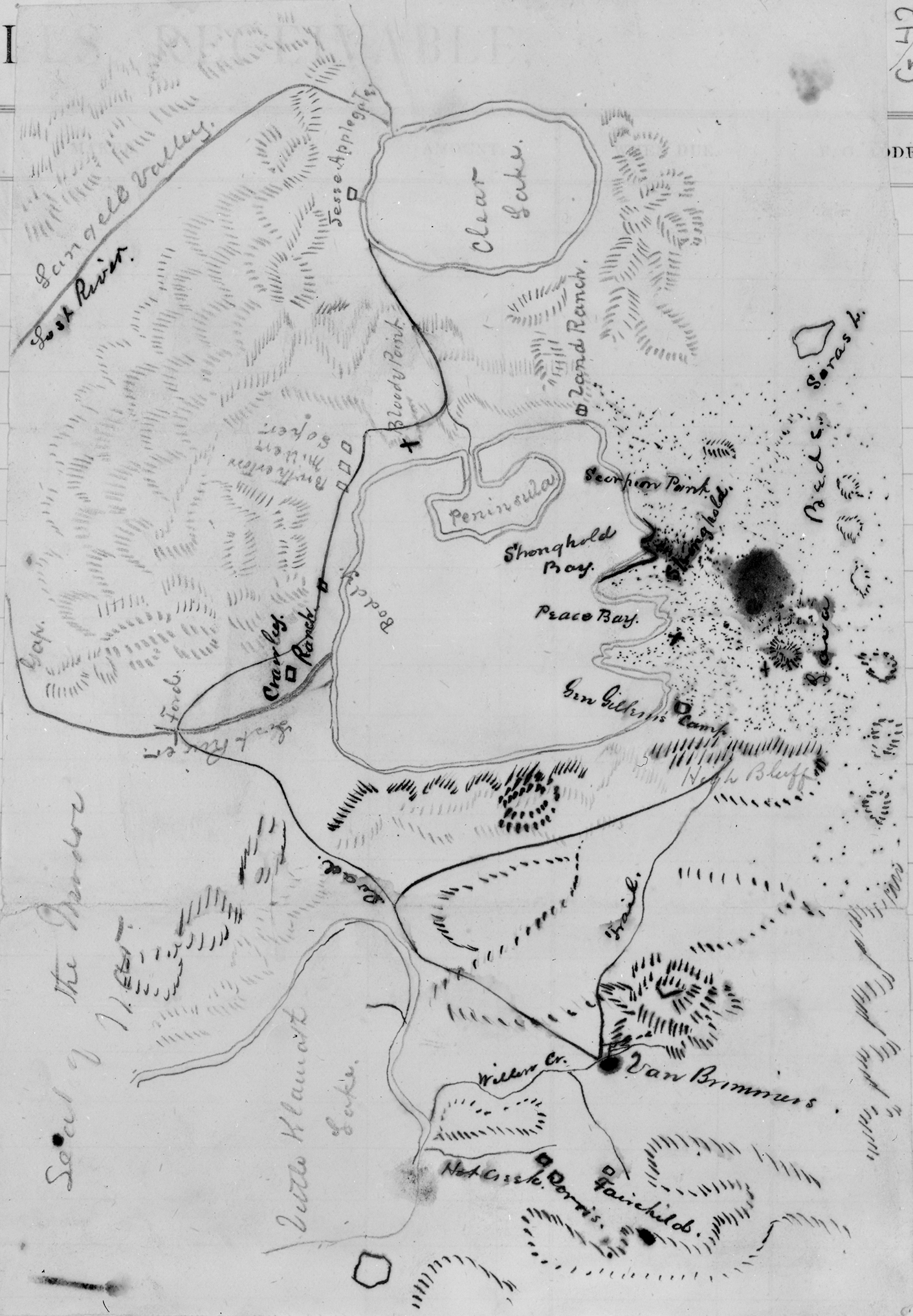 This hand-drawn map of the site of the Modoc War was made by an unknown person. Both landmarks and army camp sites have been identified, including the Modoc stronghold and Gen. Gillem's camp.