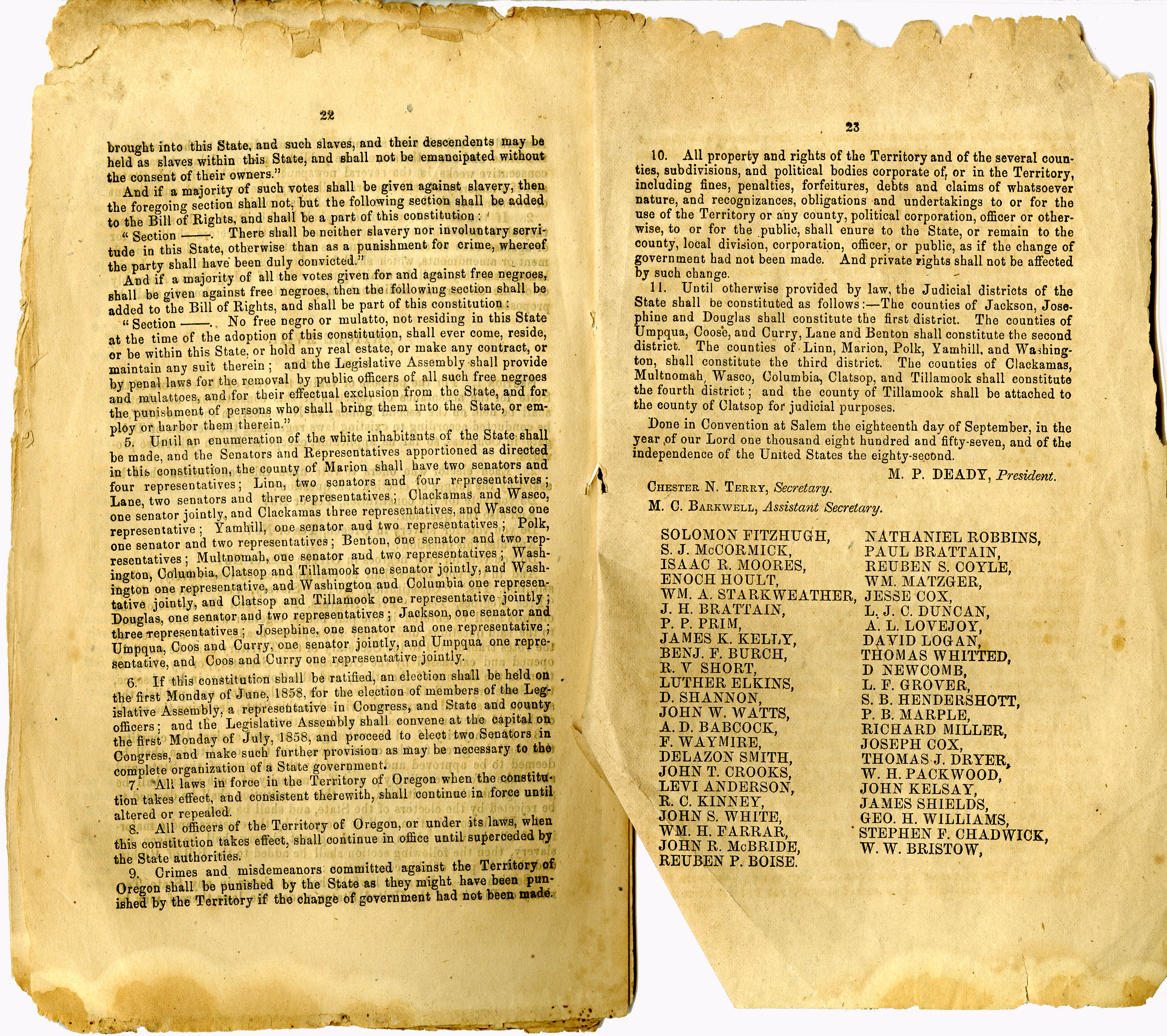 Section of Oregon State Constitution outlining slavery and exclusion laws, from the 1857 document distributed to Oregonians.